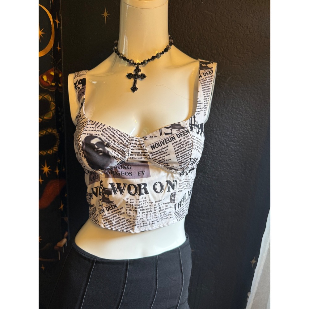 Newspaper Print Corset Crop Top Black White Bustier Zipper Back Small